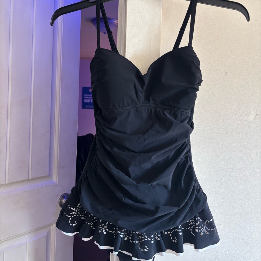 Black Ruched Swimsuit with Lace Trim